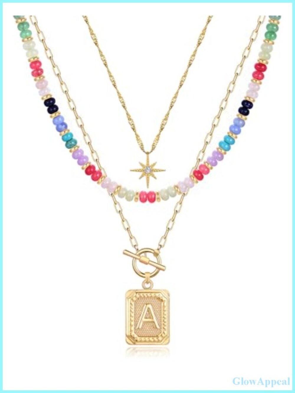 14K Gold Plated Layered Initial Necklace Set 3 Pc Beaded Choker Pendant